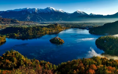 Lake bled and the alps.